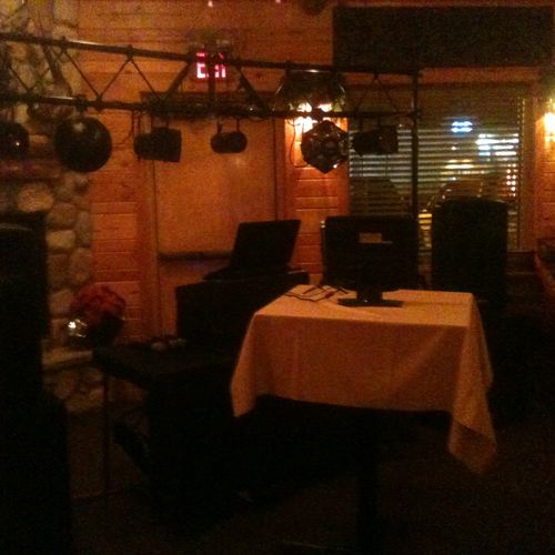 Karaoke setup with light truss at Scott and Sarah'