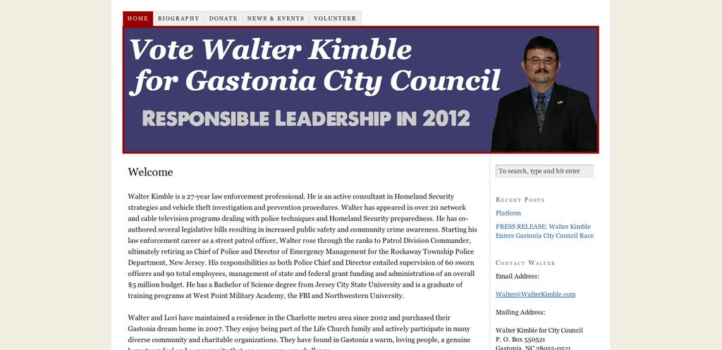 Website for Walter Kimble, candidate for Gastonia 