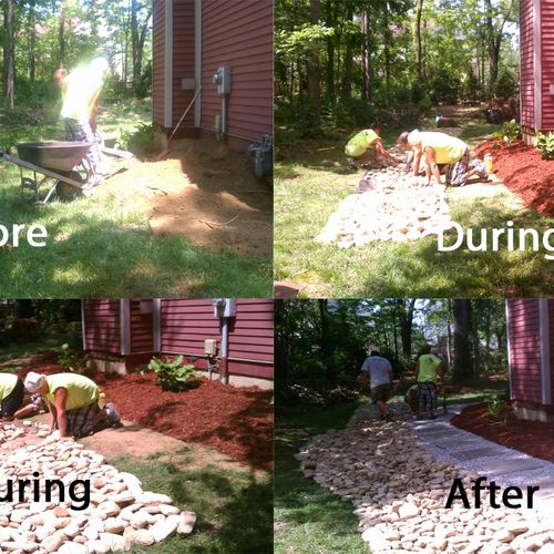 Before and After, Mulch, Dry Creek Bed, stone walk