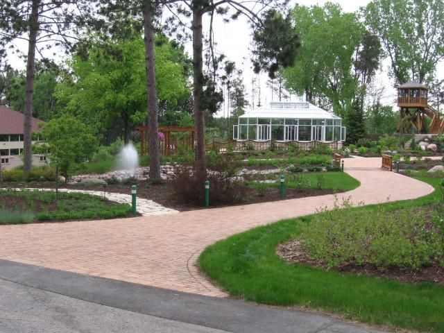 Brick walkway through garden
