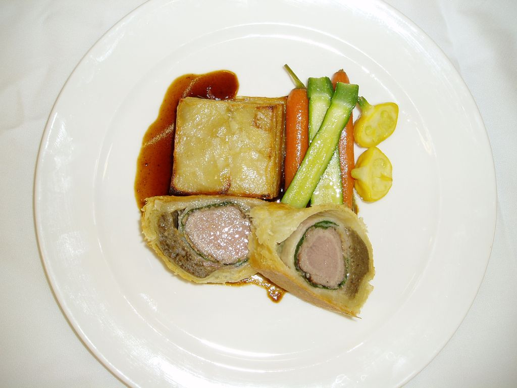 Veal Loin with celeriac potato gratin, and baby ve