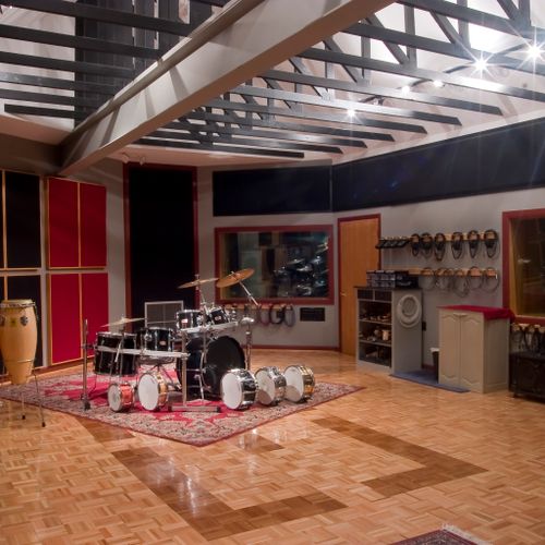 Studio A with some of our drums and percussion gea