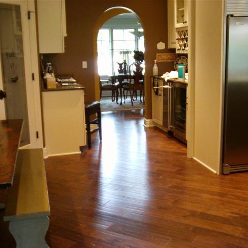 Prefinished, distressed hardwood in the kitchen