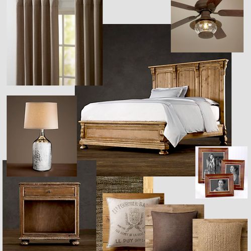 Design board for a rustic master bedroom, Beverly 