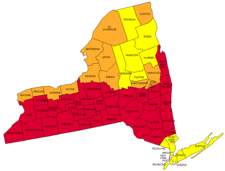 The New York State counties in red are designated 
