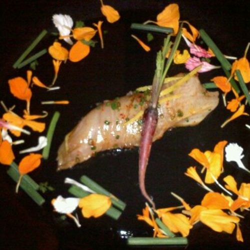 Pickled Hamachi with Micro Carrots on top of a Lob