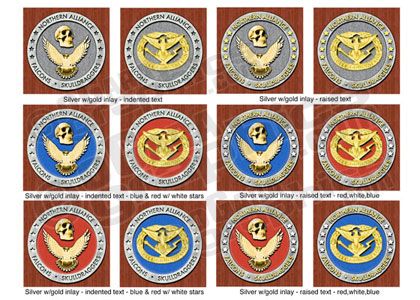 Different designs for "challenge coins" given out 