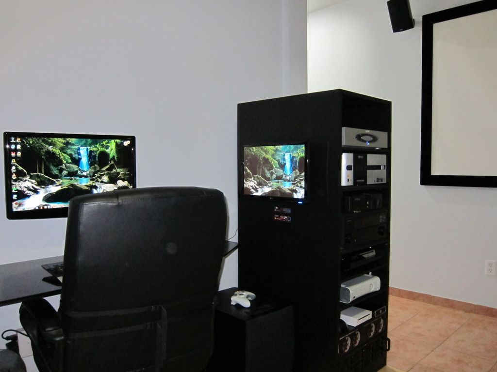 Computer desk with dual monitors mounted