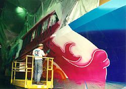 Mural in progress. Fast Ferry ship in Bahamas.