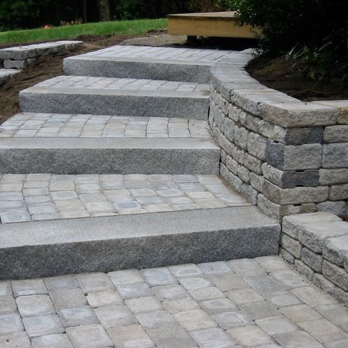 Tumbled paver walkway with granite steps and tumbl