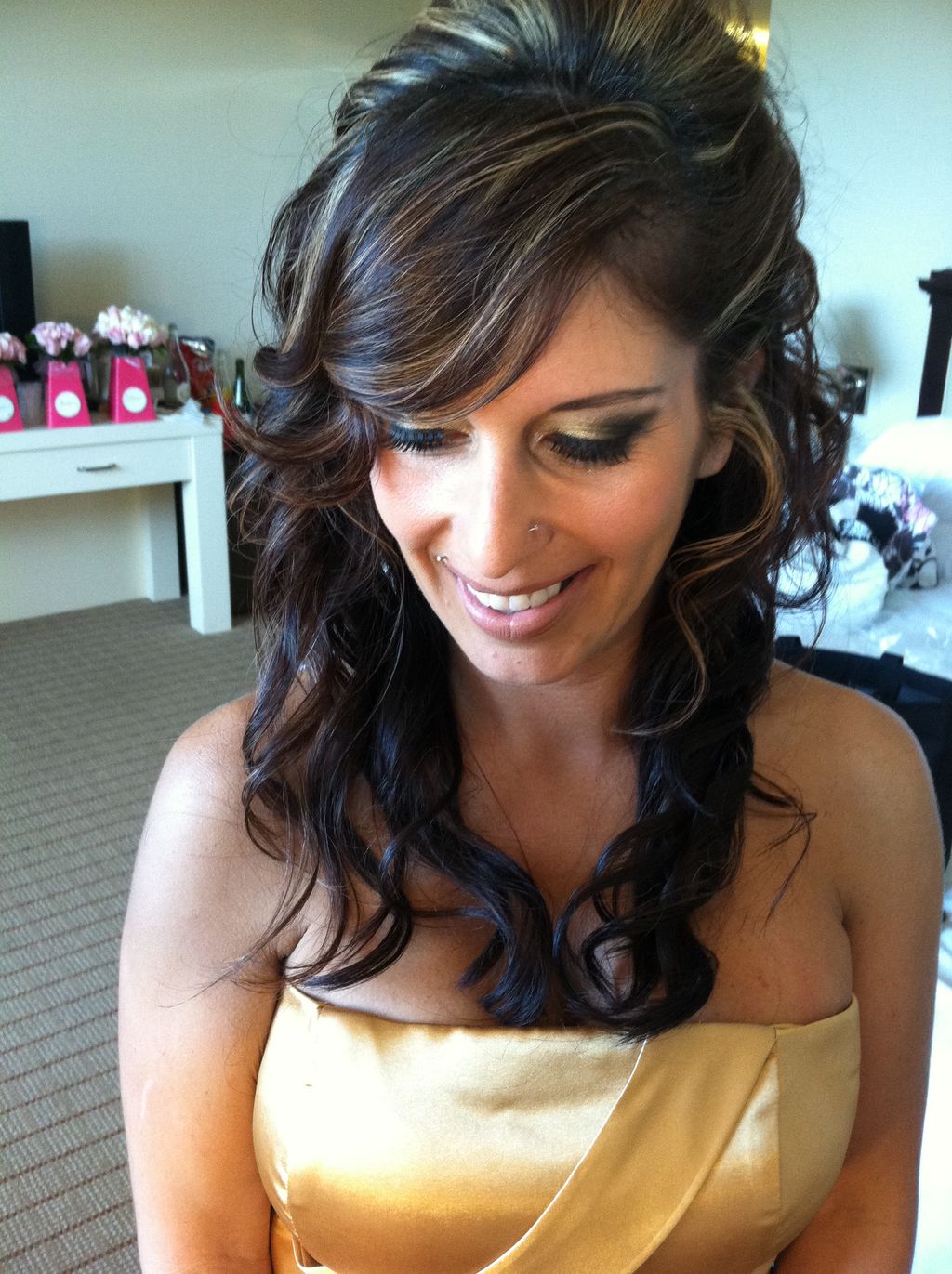 Bridesmaid hair & Make-Up. Kept the bangs swept to