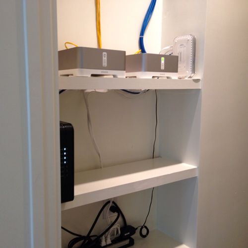 Custom home wiring closet. internet modem, router,