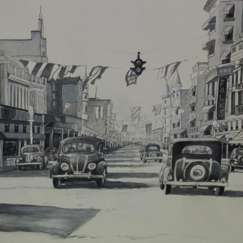 Downtown Boise around 1940. Mural on Birch panel.
