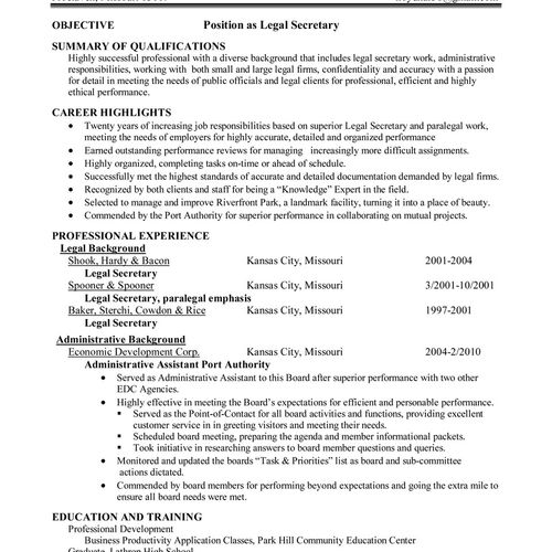 Legal Secretary - Resume Sample