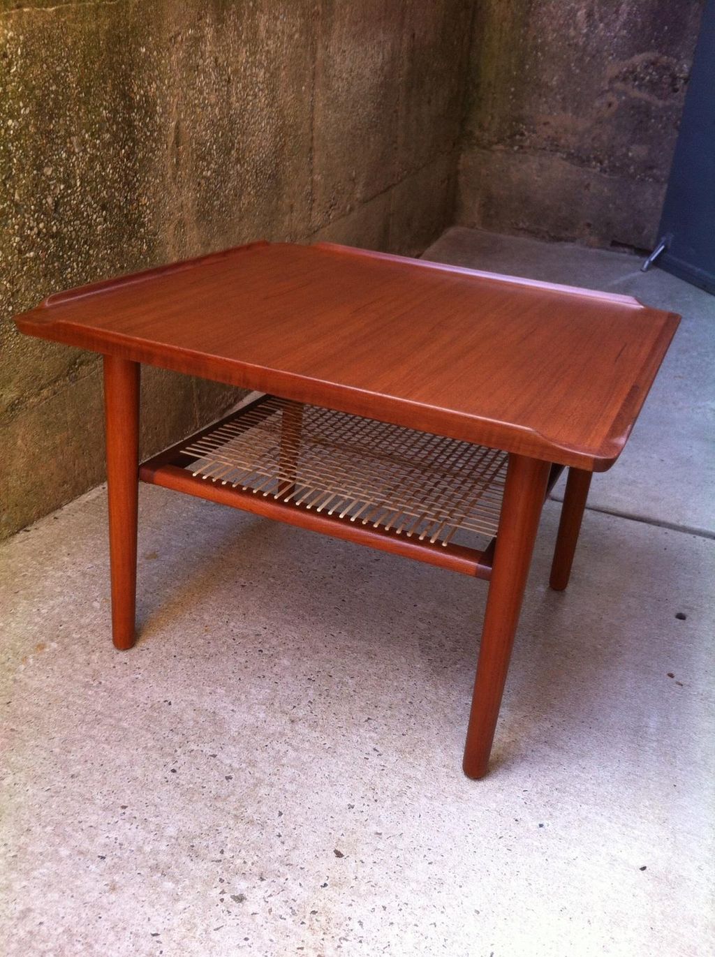 Danish Modern Teak Side Table with Caned Shelf