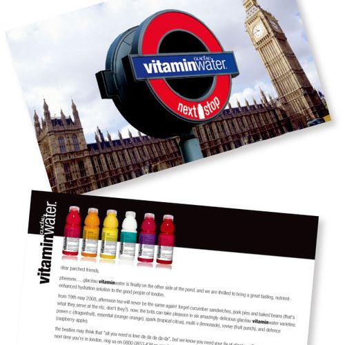 Post card design for Vitamin Water launch in engla