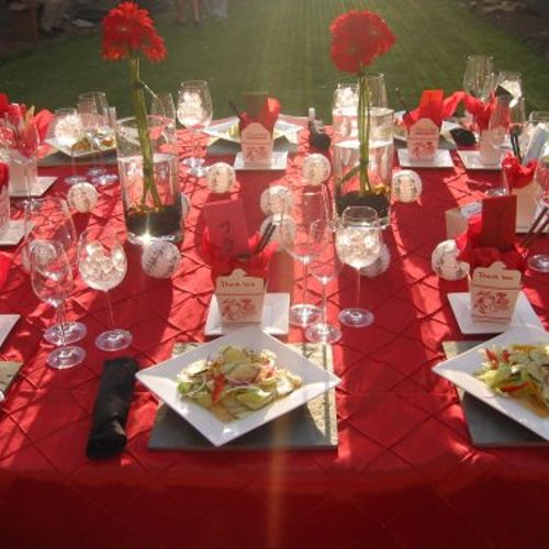 Asian dinner-Orange Pintuck tablecloth w/ brown pi