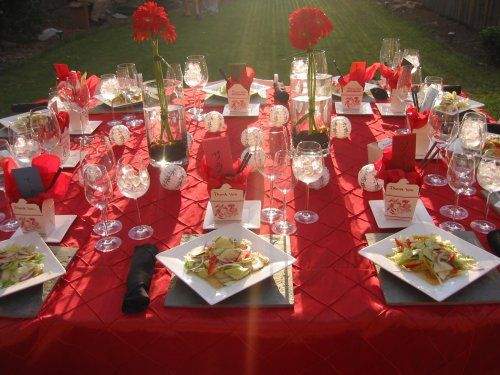 Asian dinner-Orange Pintuck tablecloth w/ brown pi