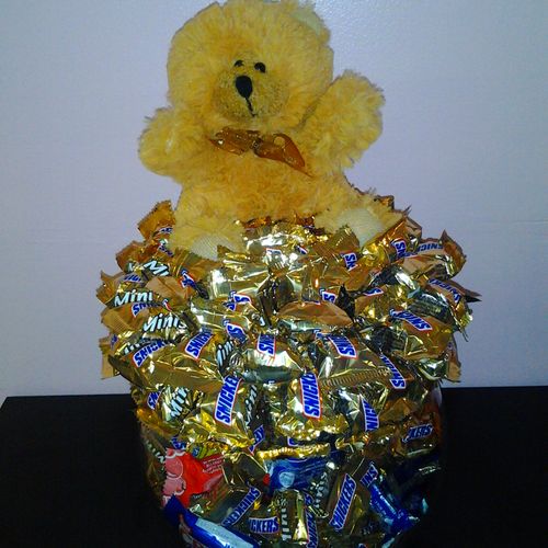 Bowl of Chocolates topped with Snickers and Teddy 