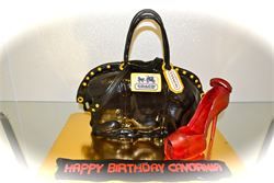 designer handbag cake with realistic shoe