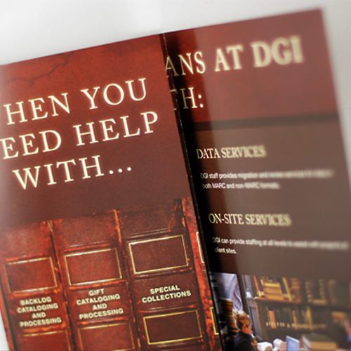 Tri-fold brochure for DGI library services.