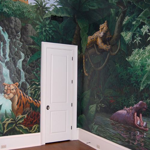 A full room jungle themed mural for a playroom.