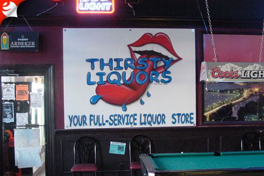Airbrushed (acrylic on plywood) sign at local bar.