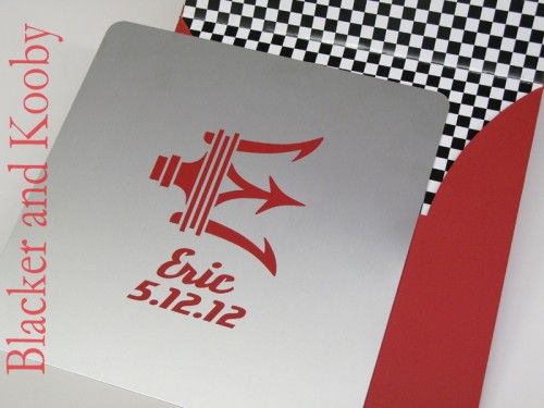 The brushed aluminum invitation is inspired by the