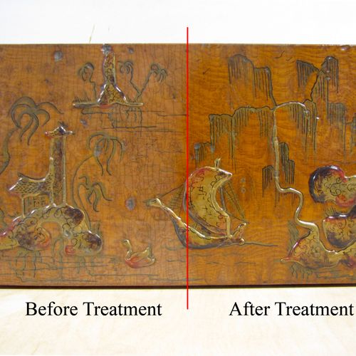 Asian lacquered box, before and after treatment
