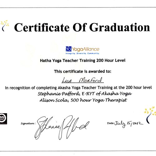200 hour certificate from Akasha Yoga