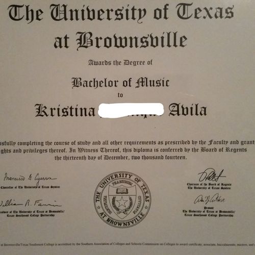 Diploma of Bachelor of Music (Middle name is blurr