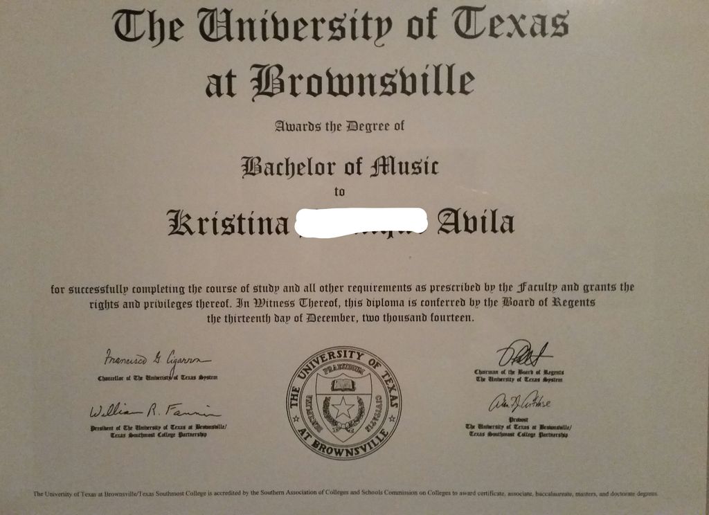 Diploma of Bachelor of Music (Middle name is blurr