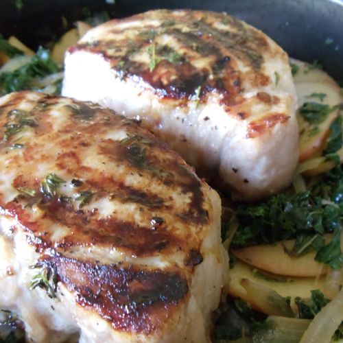 Maple Glazed Pork Chops with Apple, Onion and Kale