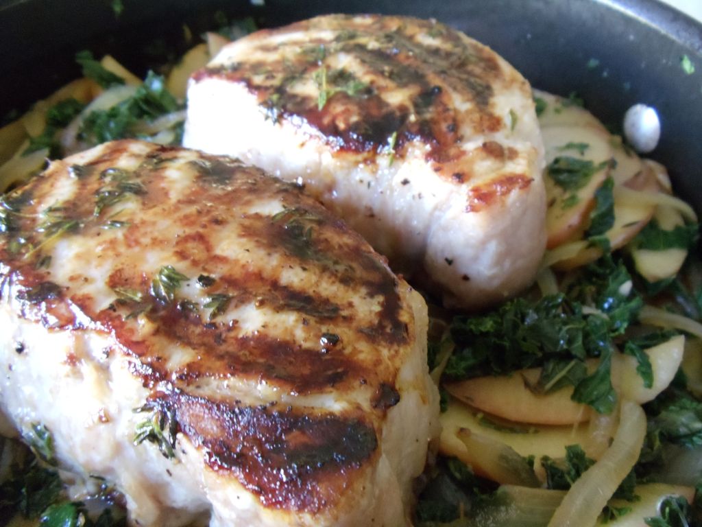 Maple Glazed Pork Chops with Apple, Onion and Kale