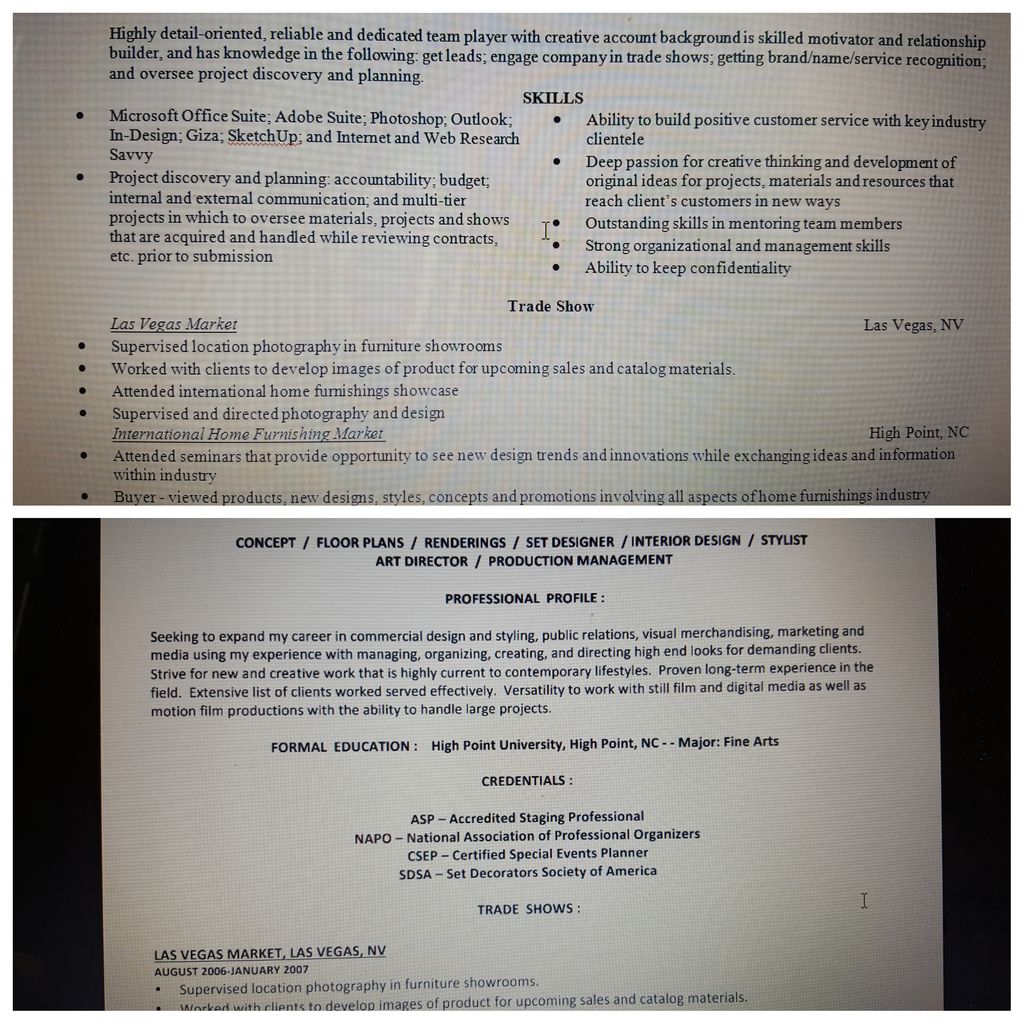 Excerpts from an Interior Designer's Resume: (uppe