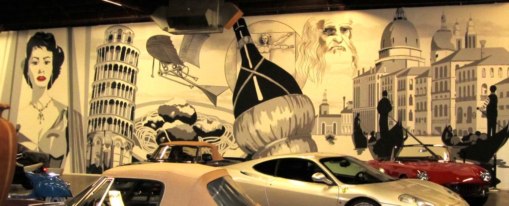 A backdrop for an Italian auto exhibit at the Cali