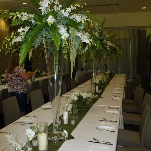 40" tall trumpet vases with Orchids, Amaranthus, a