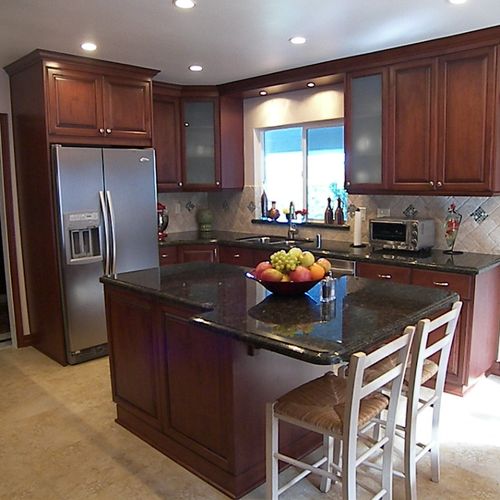 Kitchen Remodel with cherry cabinets travertine ba