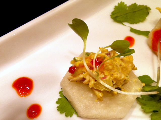Curry Chicken Salad on Jicama Disc with Micro Gree