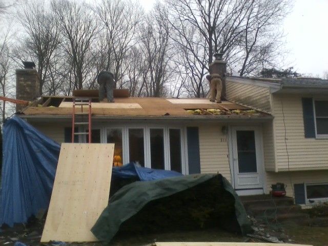 Replacing plywood on lower roof.