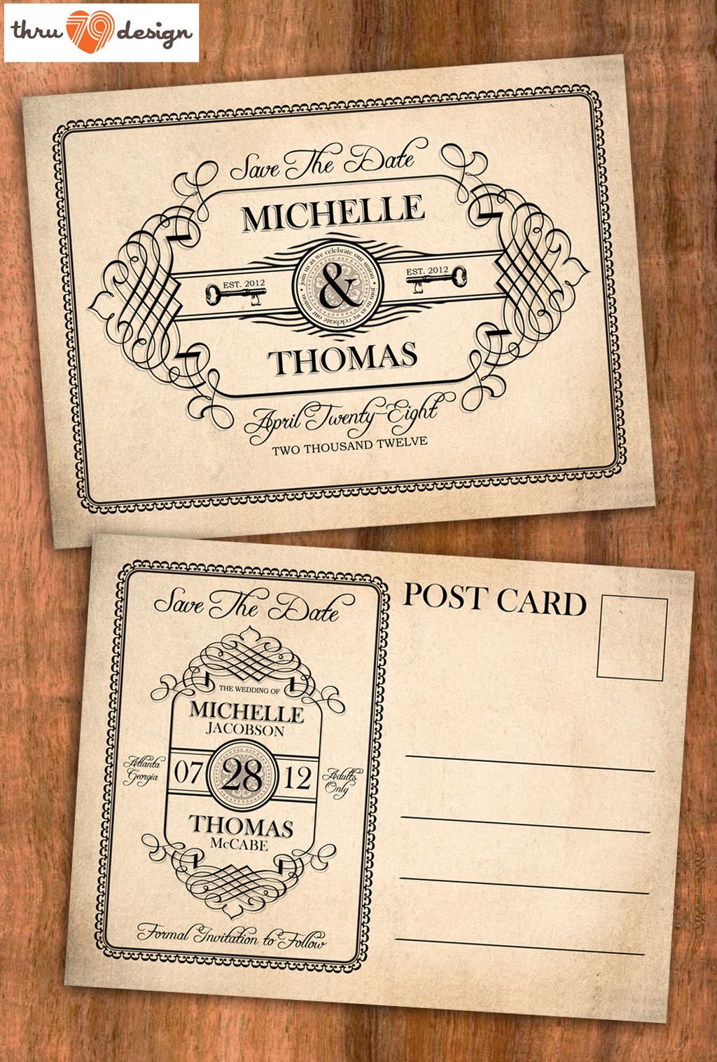 antique label style save the date postcard or invi