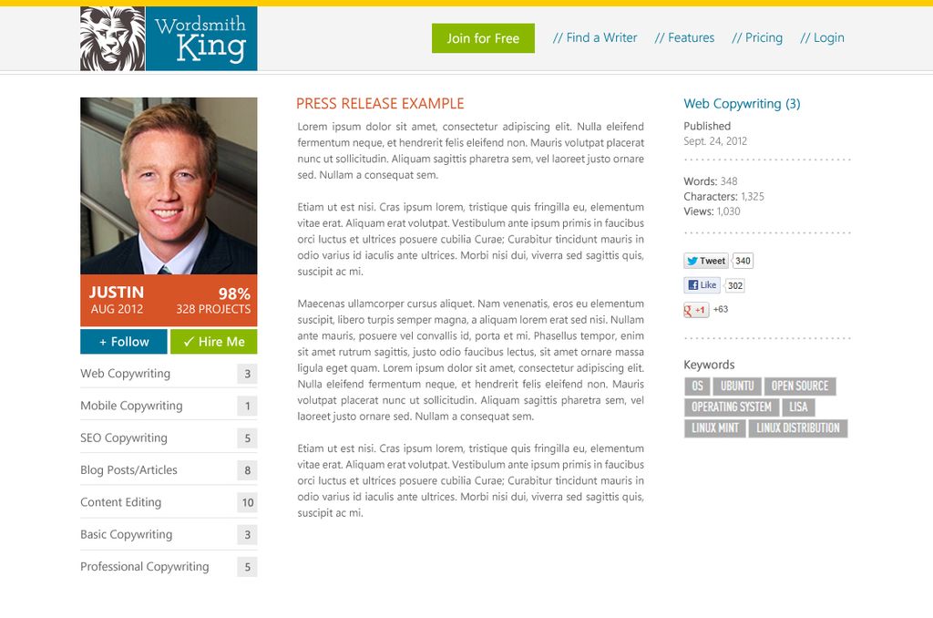 Concept design for a new website for copywriters -