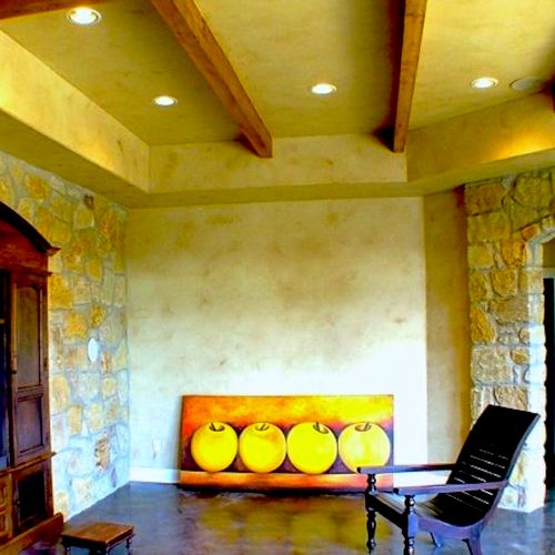 Rustic glaze finish on ceiling and walls.