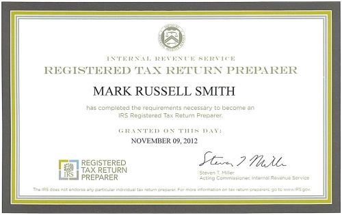 Mark Smith's Registered Tax Return Preparer Certif