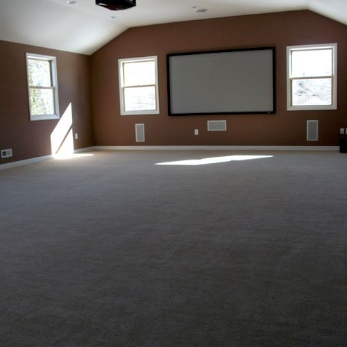 Residential carpet installed in a home theatre roo