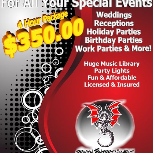 $350.00 4 Hour Package includes music & lights!