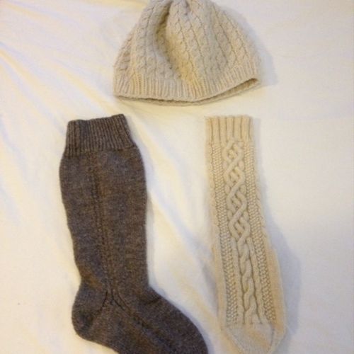 Cabled socks and hat--designed and knit by Jen