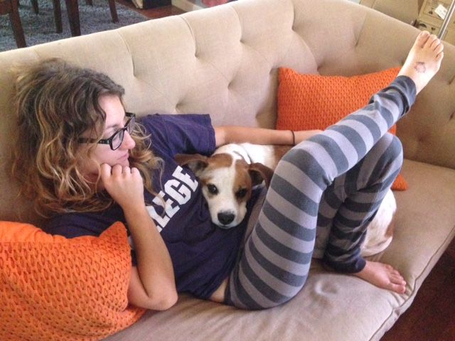 Lounging on the couch with one of the PUP B&B's fa