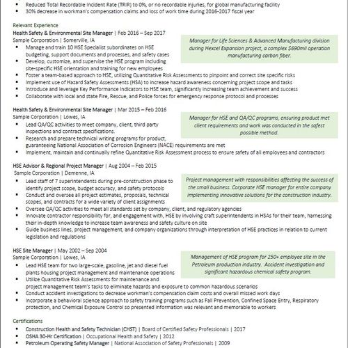 Targeted Resume, Health & Safety