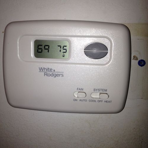 Offering a wide variety of thermostats We can install  what ever you like. All offer a 1 year factory warranty. and our labor is for 1 year.  A standard Heat cool electronic thermostat . with no changes in wiring needed isCan be as low as $129.00 including labor installation and the thermostat.  A programmable type for 5 day (standard work week) 2 day Can be changed out  for under $205 Heat pump thermostats slightly higher.